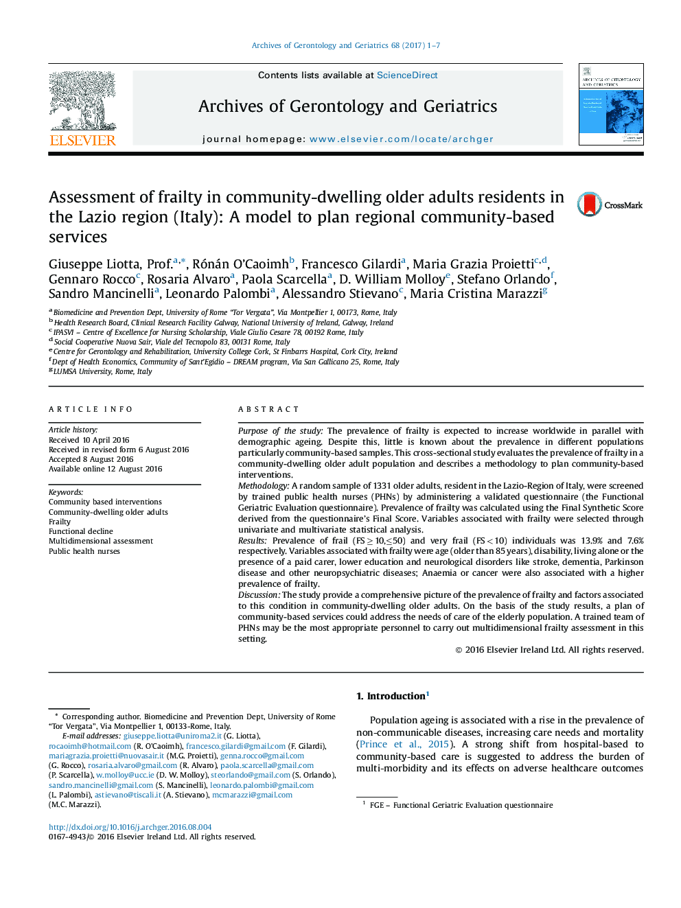 Assessment of frailty in community-dwelling older adults residents in the Lazio region (Italy): A model to plan regional community-based services