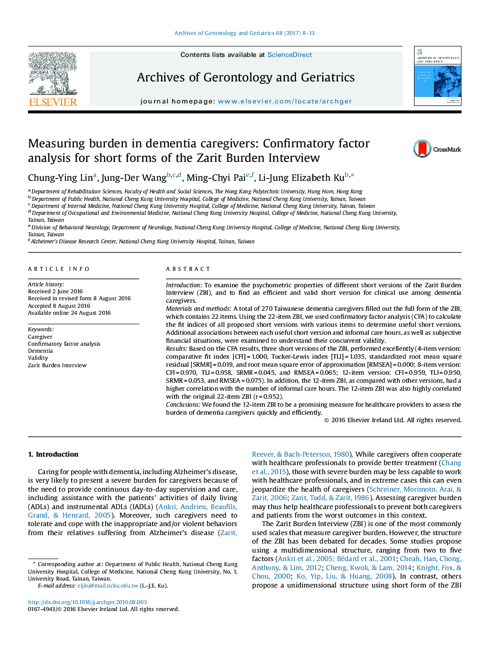 Measuring burden in dementia caregivers: Confirmatory factor analysis for short forms of the Zarit Burden Interview