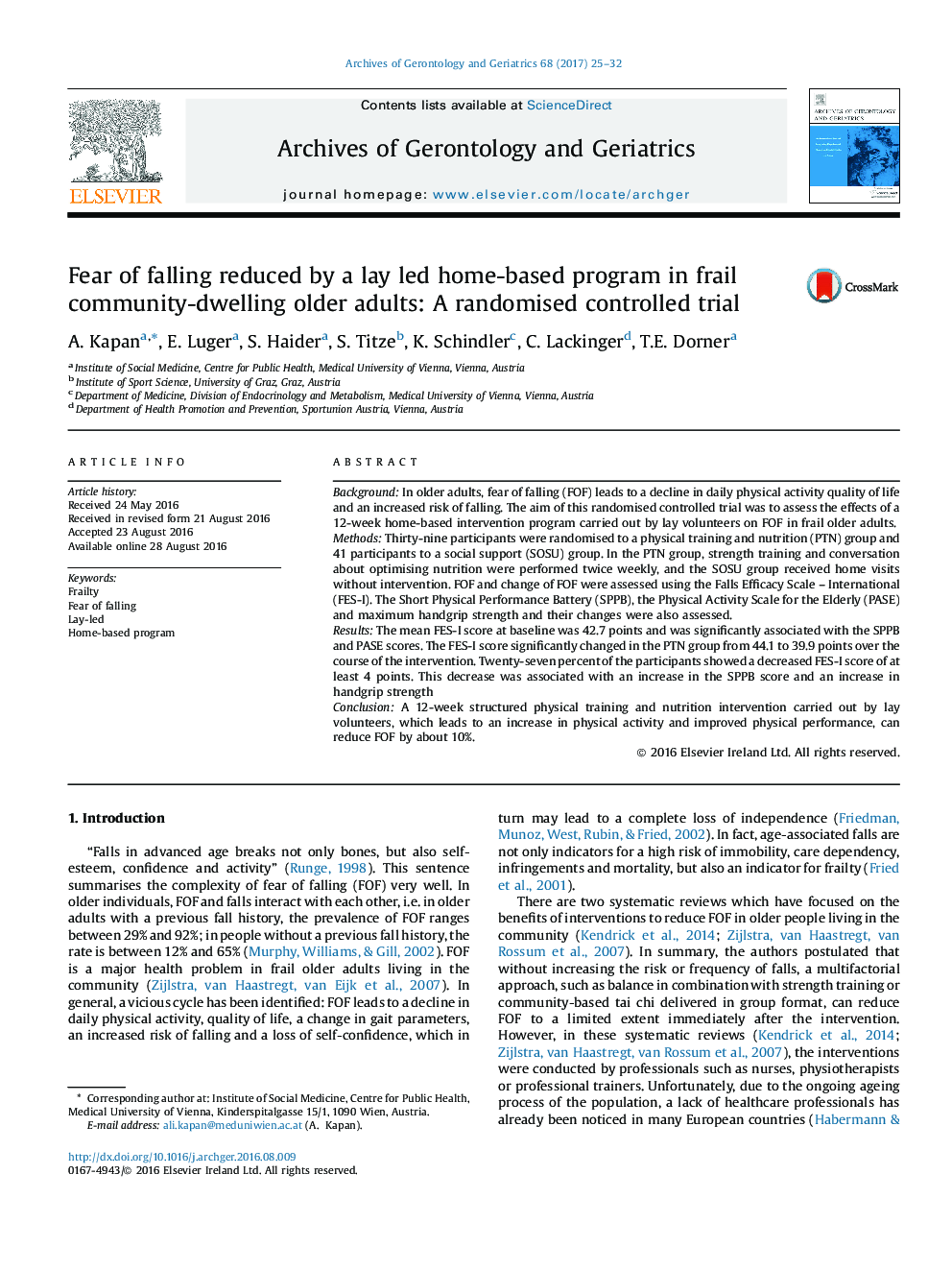 Fear of falling reduced by a lay led home-based program in frail community-dwelling older adults: A randomised controlled trial