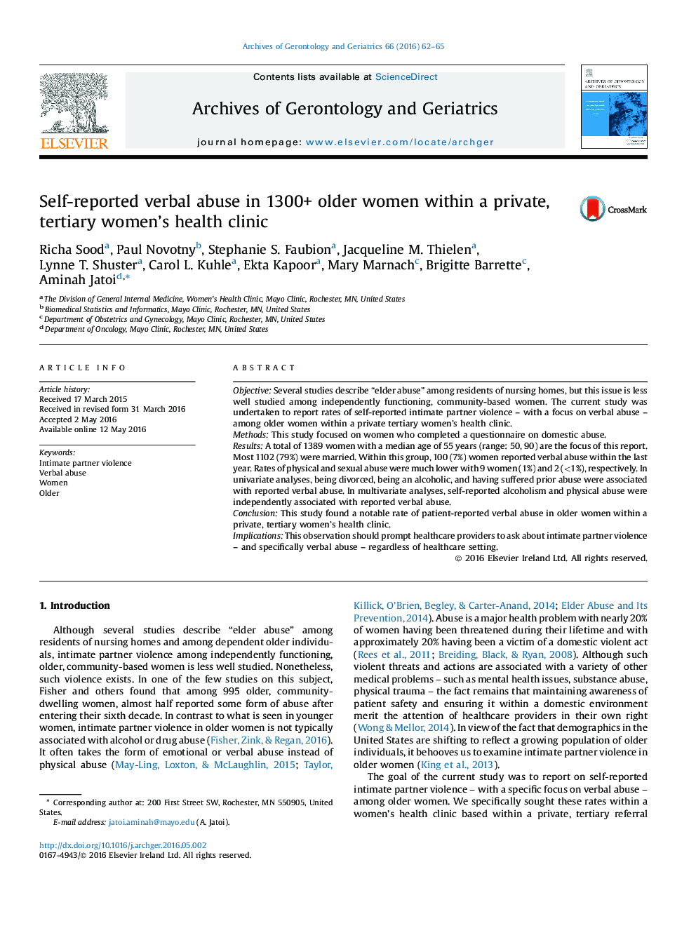 Self-reported verbal abuse in 1300+ older women within a private, tertiary women’s health clinic