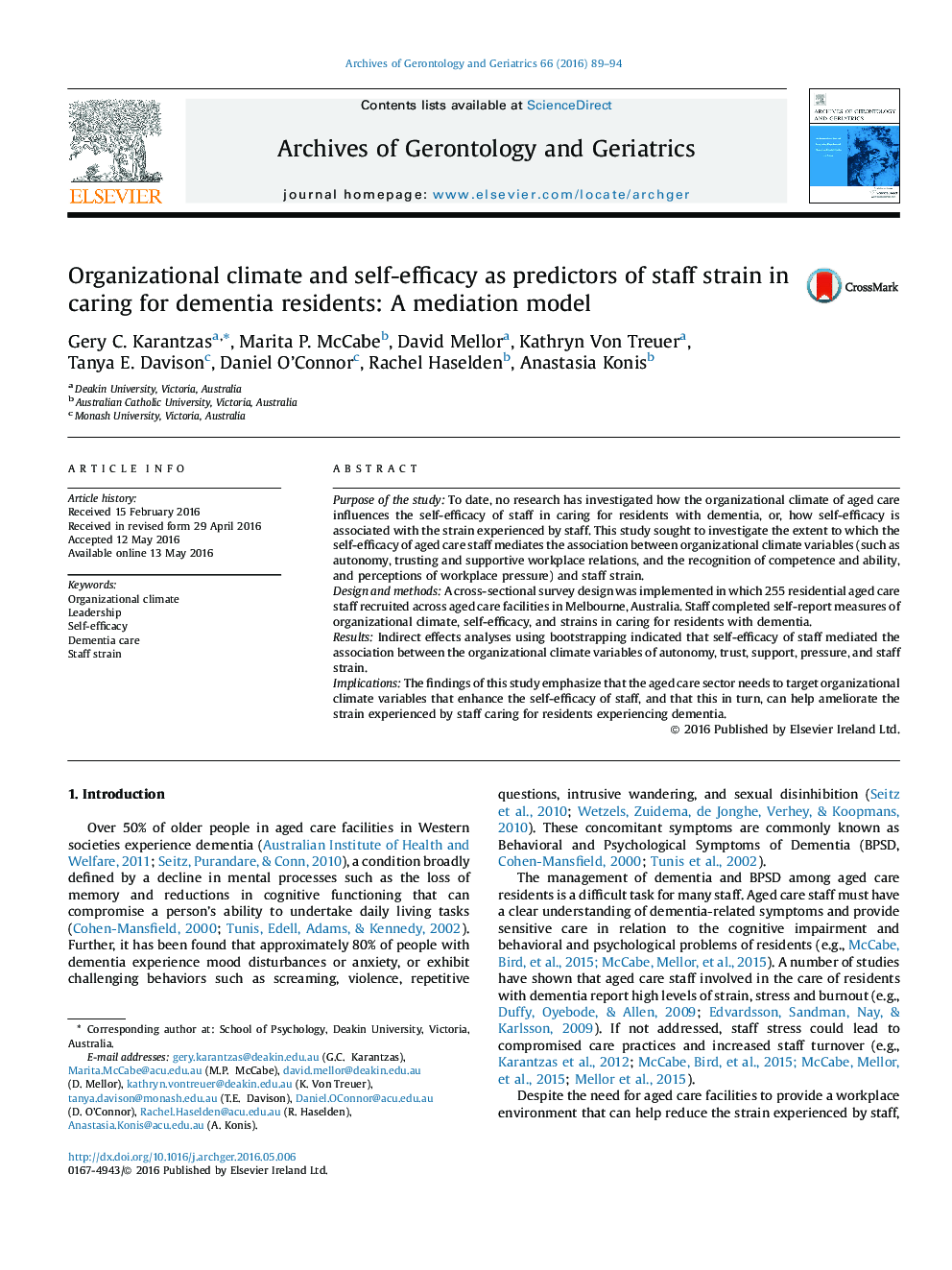 Organizational climate and self-efficacy as predictors of staff strain in caring for dementia residents: A mediation model