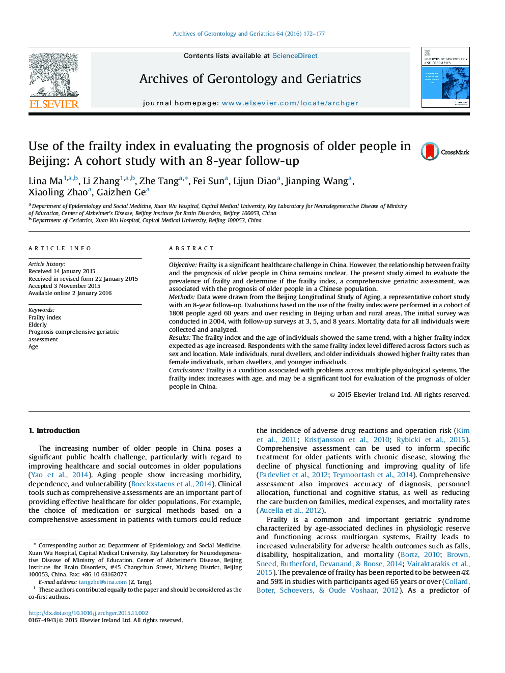 Use of the frailty index in evaluating the prognosis of older people in Beijing: A cohort study with an 8-year follow-up