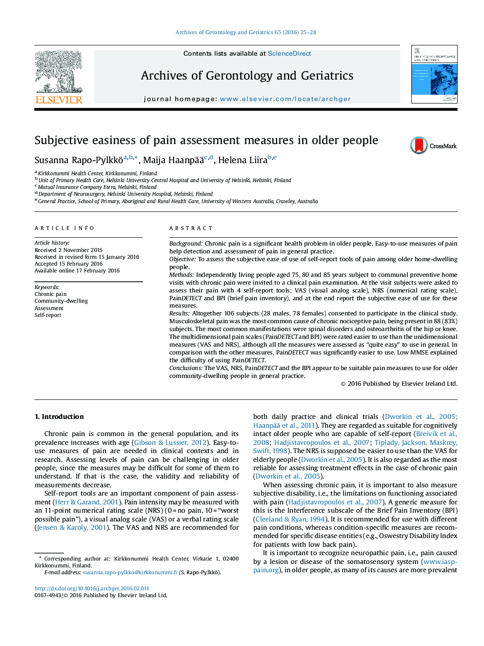 Subjective easiness of pain assessment measures in older people