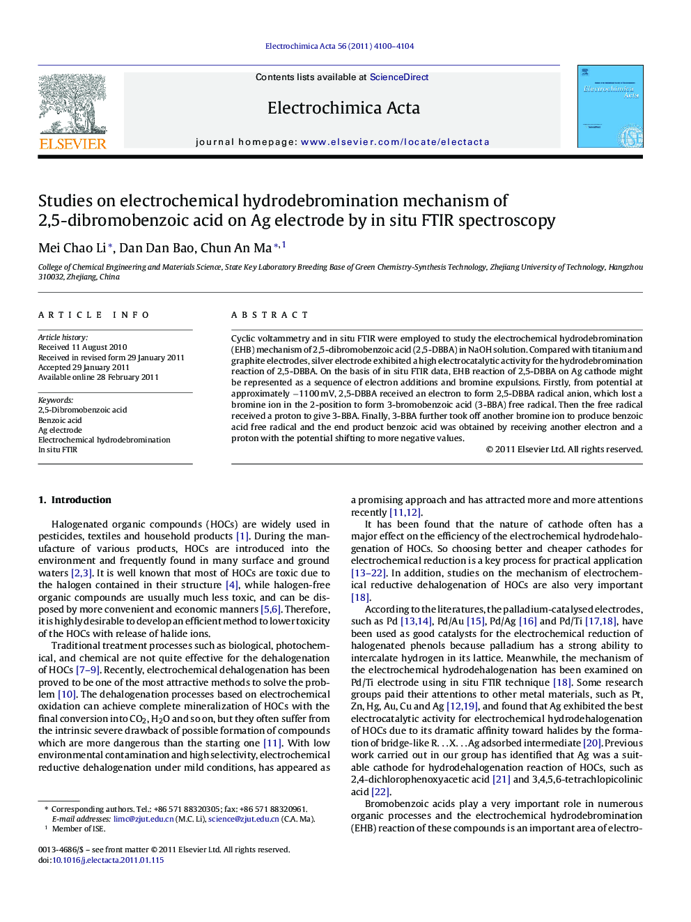 Studies on electrochemical hydrodebromination mechanism of 2,5-dibromobenzoic acid on Ag electrode by in situ FTIR spectroscopy