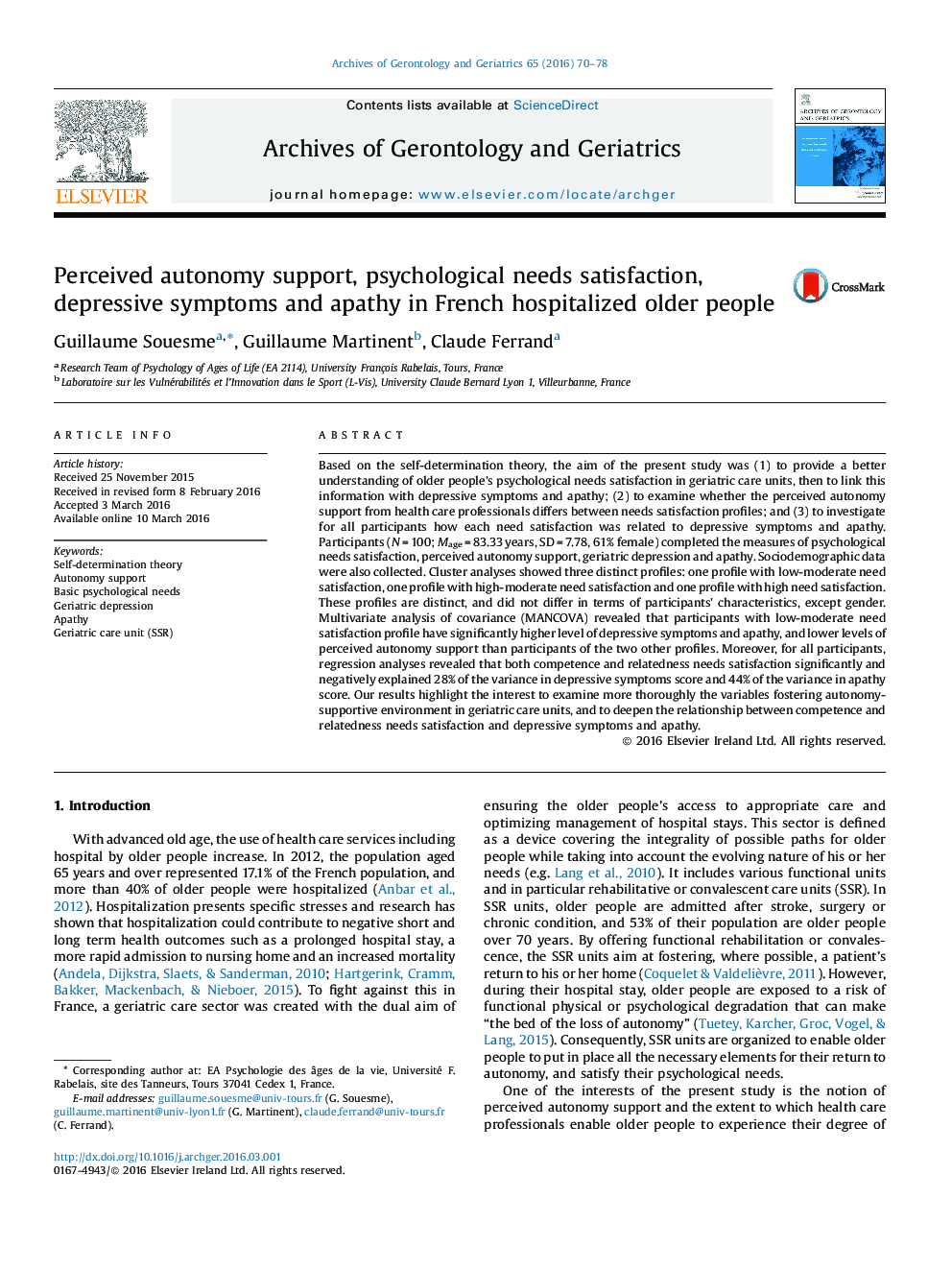 Perceived autonomy support, psychological needs satisfaction, depressive symptoms and apathy in French hospitalized older people