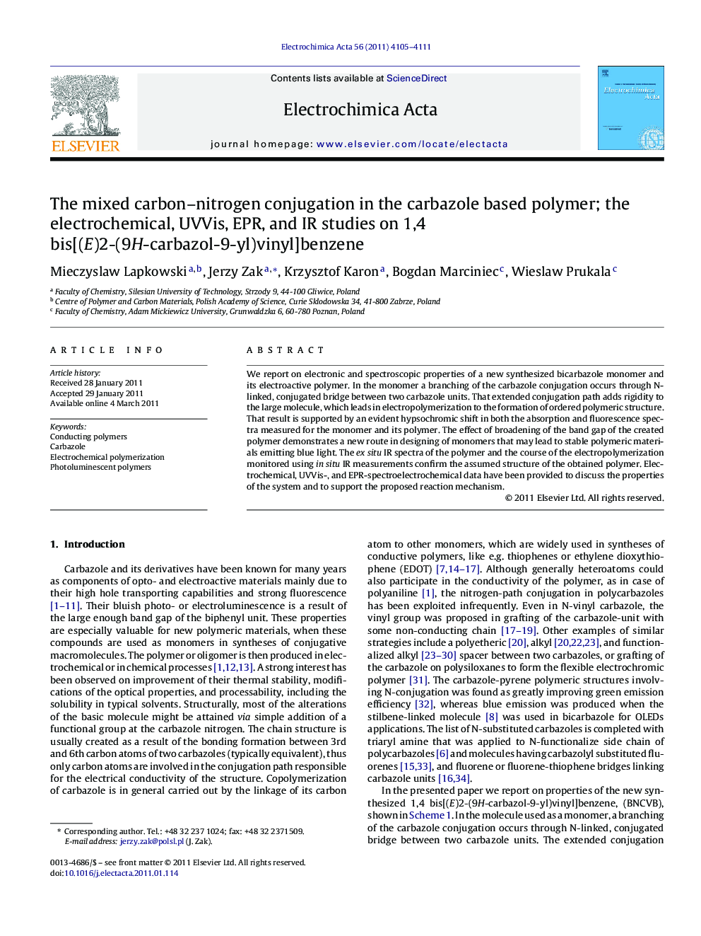 The mixed carbon–nitrogen conjugation in the carbazole based polymer; the electrochemical, UVVis, EPR, and IR studies on 1,4 bis[(E)2-(9H-carbazol-9-yl)vinyl]benzene