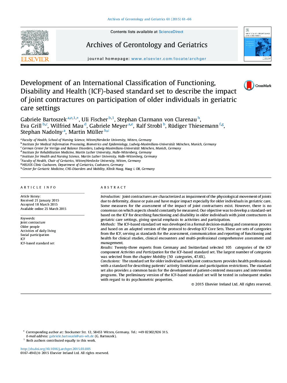 Development of an International Classification of Functioning, Disability and Health (ICF)-based standard set to describe the impact of joint contractures on participation of older individuals in geriatric care settings