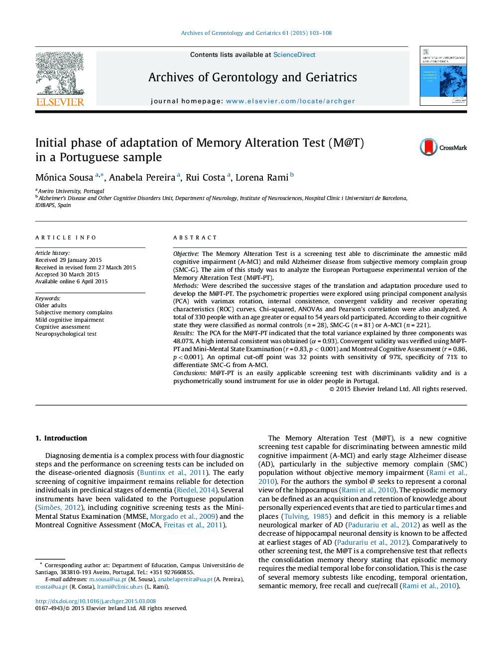 Initial phase of adaptation of Memory Alteration Test (M@T) in a Portuguese sample