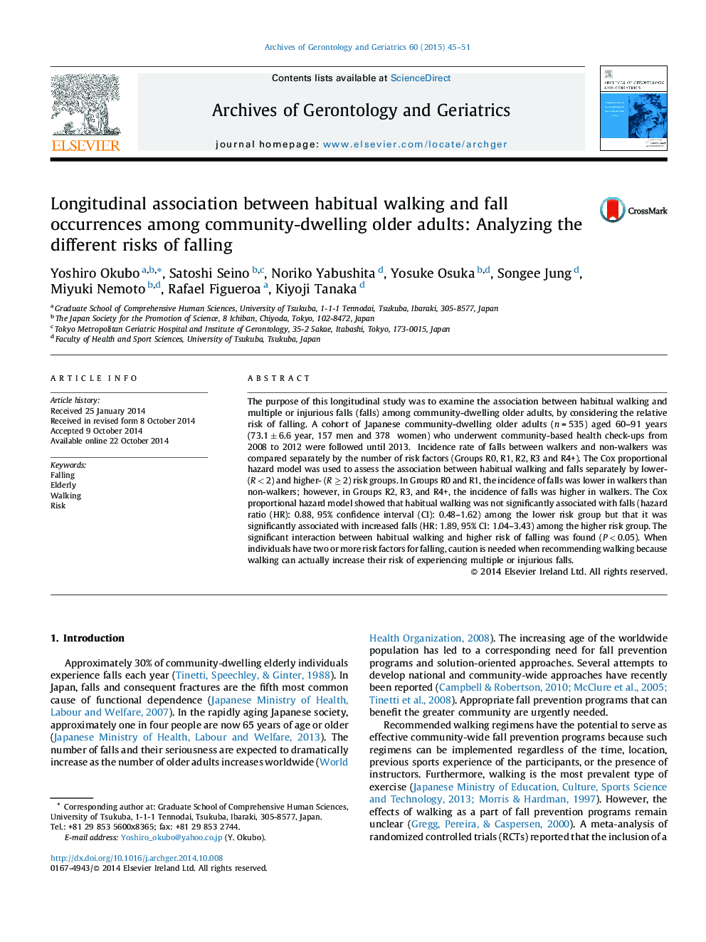 Longitudinal association between habitual walking and fall occurrences among community-dwelling older adults: Analyzing the different risks of falling