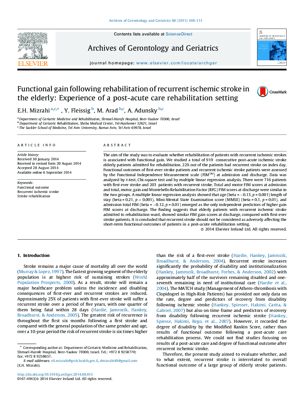 Functional gain following rehabilitation of recurrent ischemic stroke in the elderly: Experience of a post-acute care rehabilitation setting