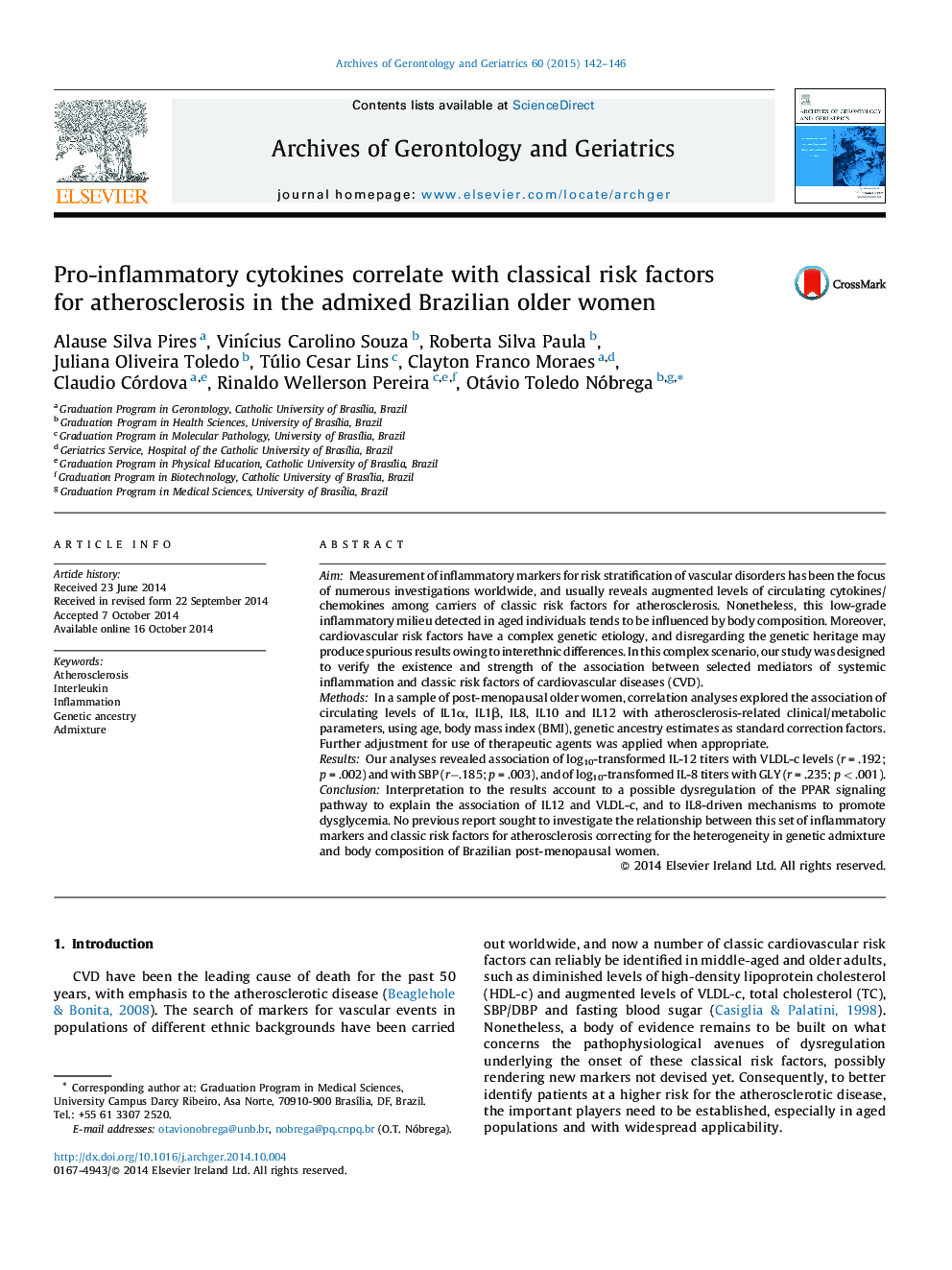 Pro-inflammatory cytokines correlate with classical risk factors for atherosclerosis in the admixed Brazilian older women