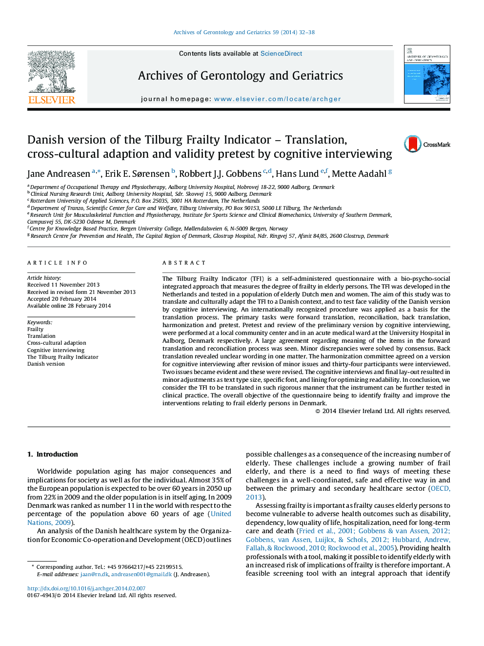 Danish version of the Tilburg Frailty Indicator – Translation, cross-cultural adaption and validity pretest by cognitive interviewing