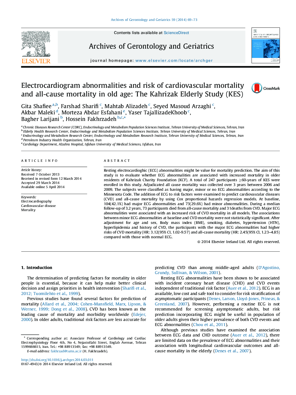 Electrocardiogram abnormalities and risk of cardiovascular mortality and all-cause mortality in old age: The Kahrizak Elderly Study (KES)