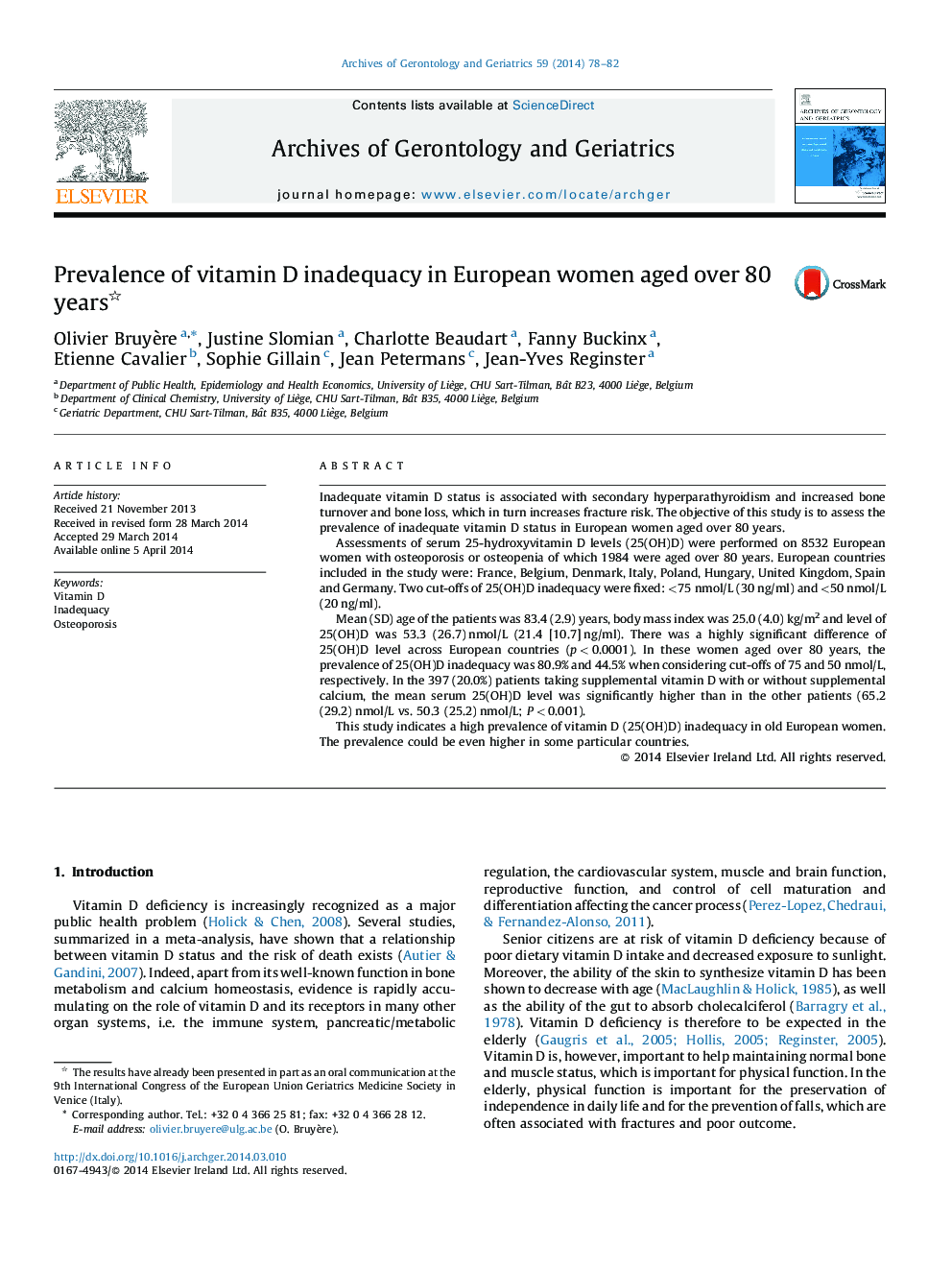 Prevalence of vitamin D inadequacy in European women aged over 80 years 