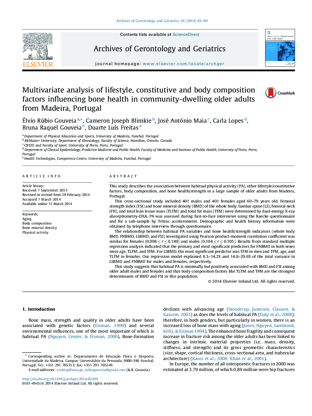 Multivariate analysis of lifestyle, constitutive and body composition factors influencing bone health in community-dwelling older adults from Madeira, Portugal