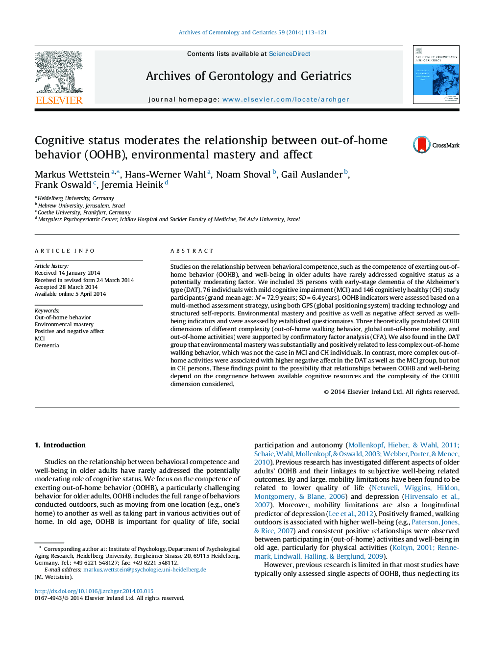 Cognitive status moderates the relationship between out-of-home behavior (OOHB), environmental mastery and affect