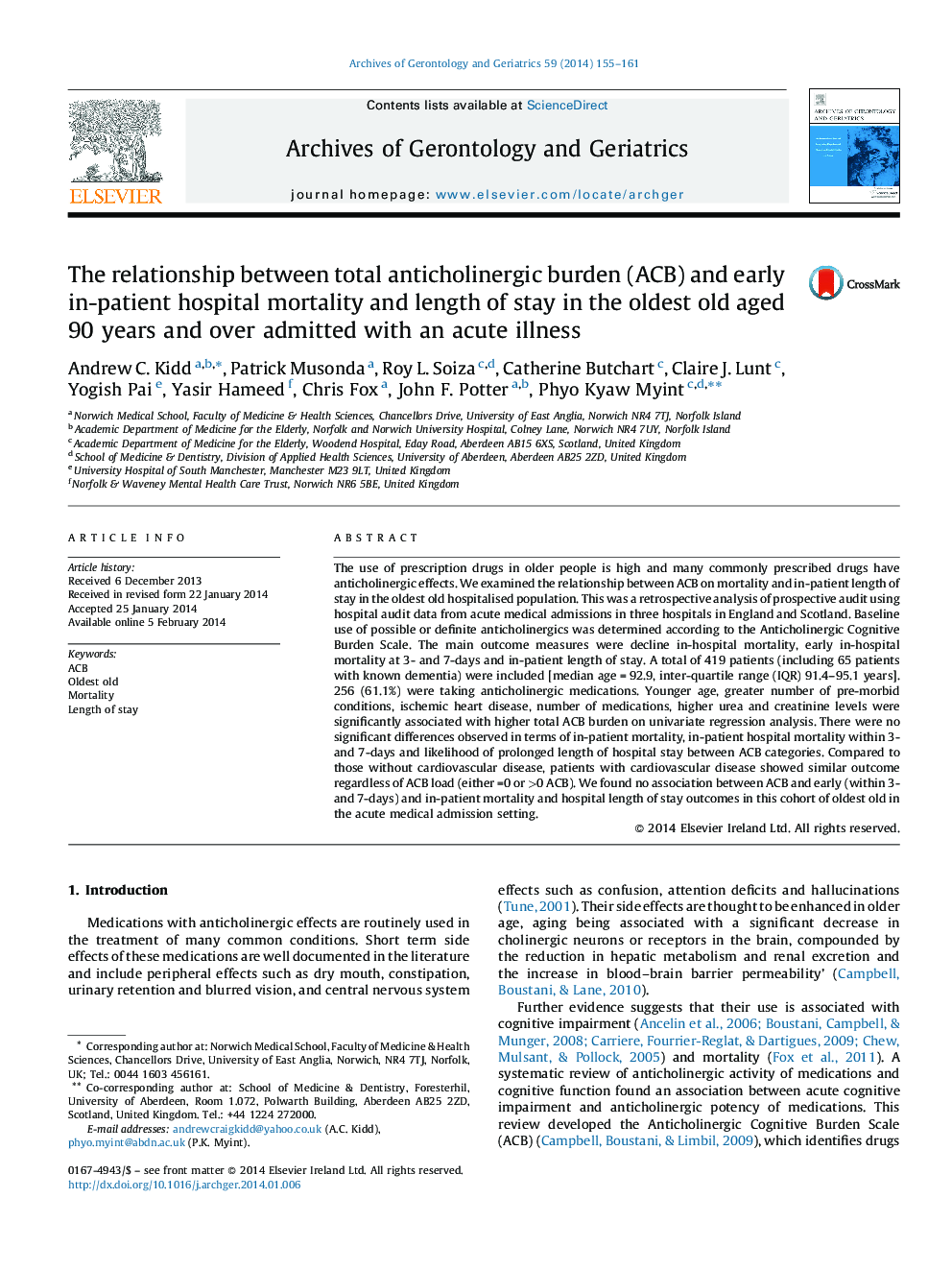 The relationship between total anticholinergic burden (ACB) and early in-patient hospital mortality and length of stay in the oldest old aged 90 years and over admitted with an acute illness