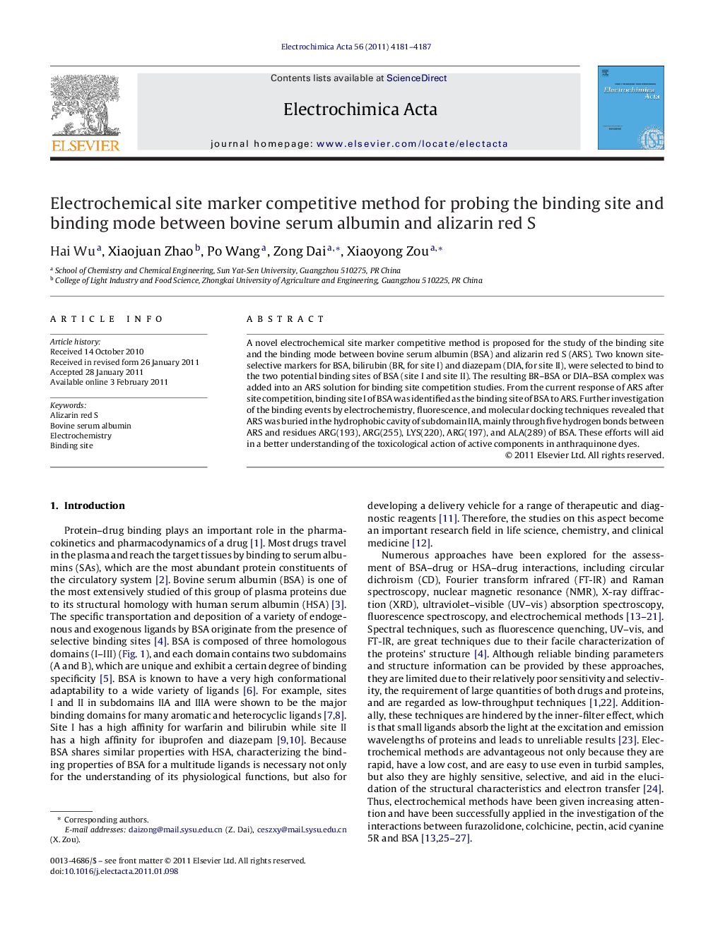 Electrochemical site marker competitive method for probing the binding site and binding mode between bovine serum albumin and alizarin red S