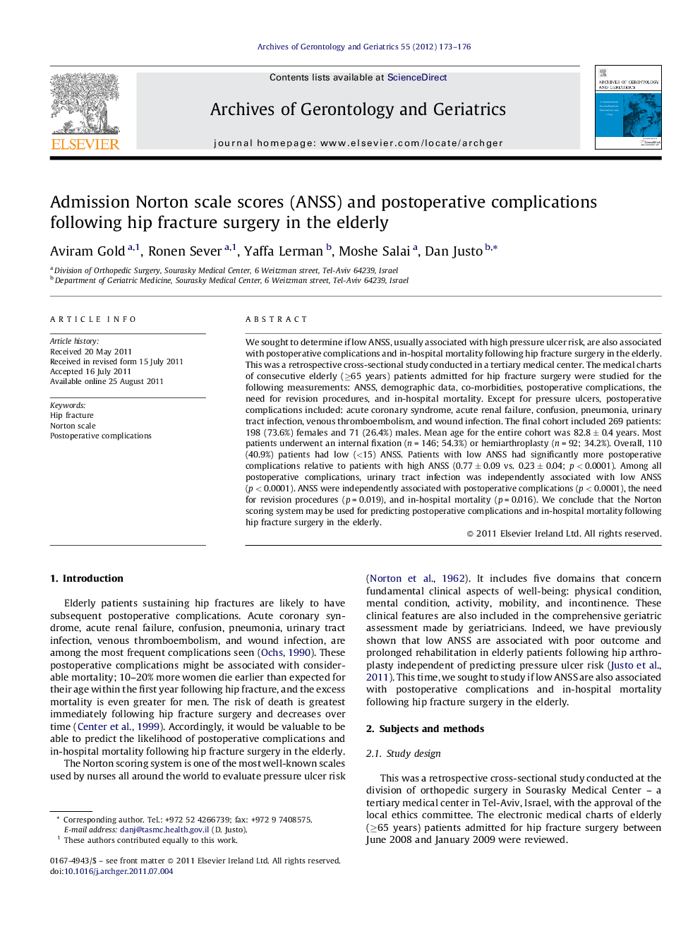 Admission Norton scale scores (ANSS) and postoperative complications following hip fracture surgery in the elderly