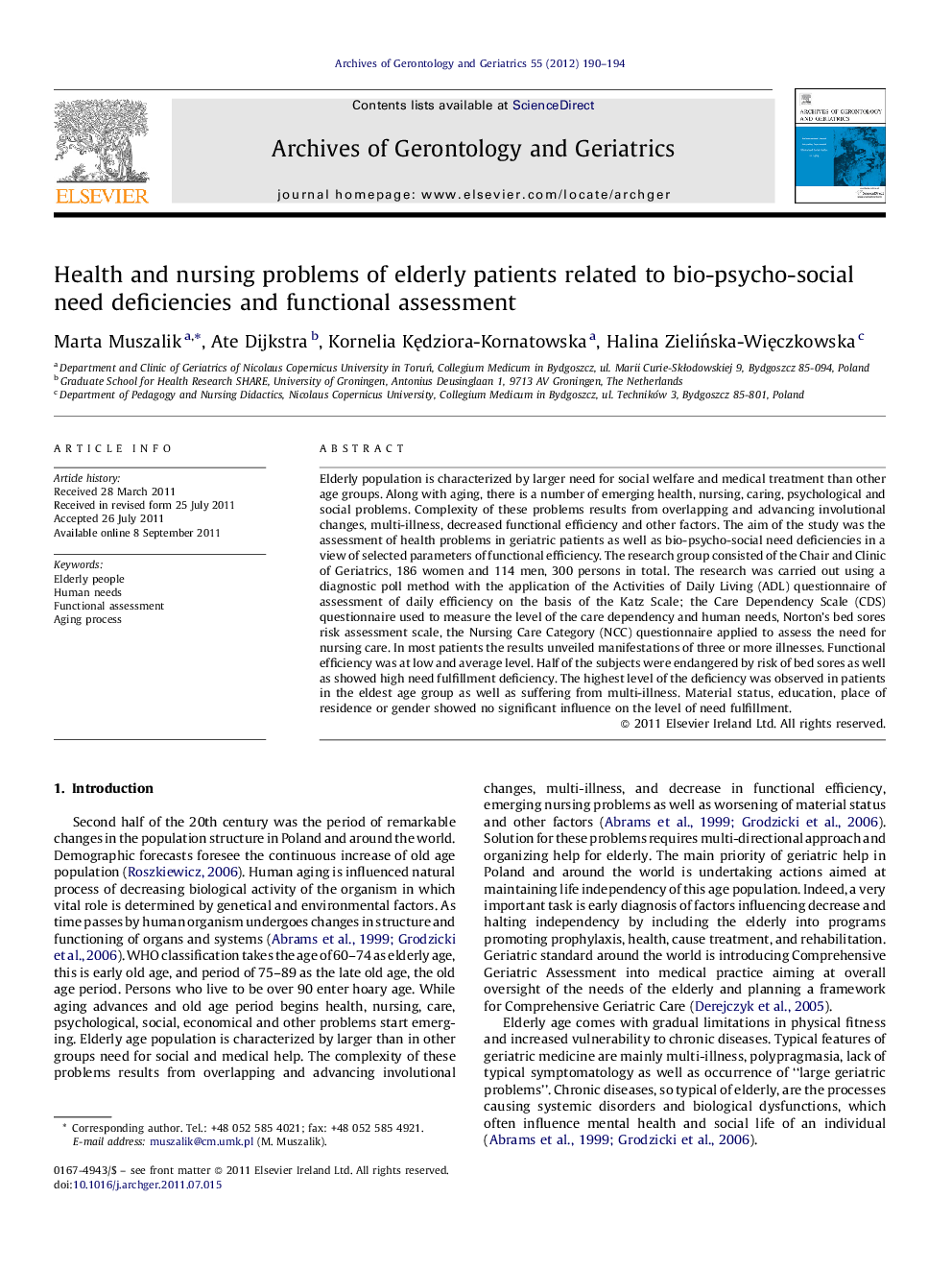 Health and nursing problems of elderly patients related to bio-psycho-social need deficiencies and functional assessment