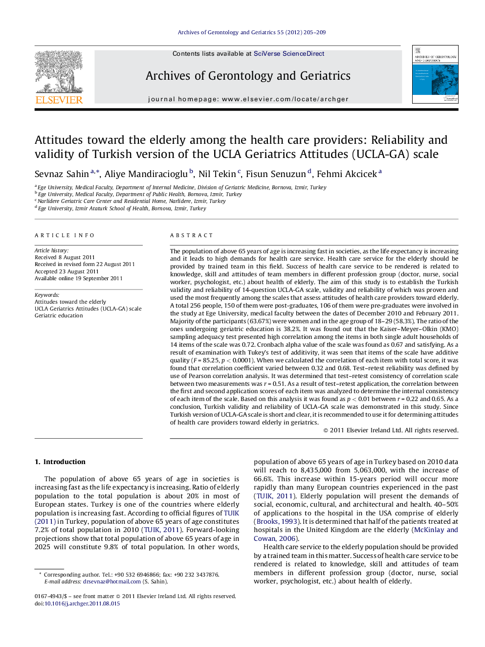 Attitudes toward the elderly among the health care providers: Reliability and validity of Turkish version of the UCLA Geriatrics Attitudes (UCLA-GA) scale