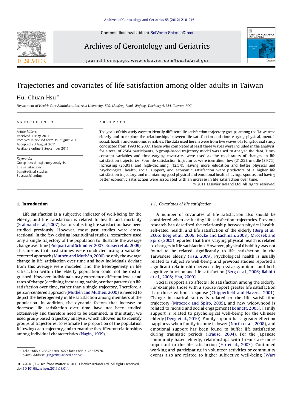 Trajectories and covariates of life satisfaction among older adults in Taiwan