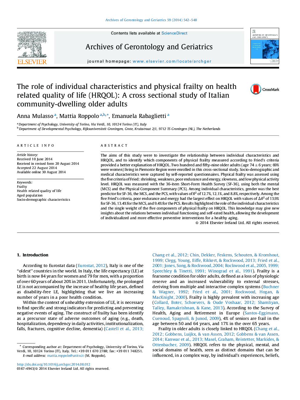 The role of individual characteristics and physical frailty on health related quality of life (HRQOL): A cross sectional study of Italian community-dwelling older adults