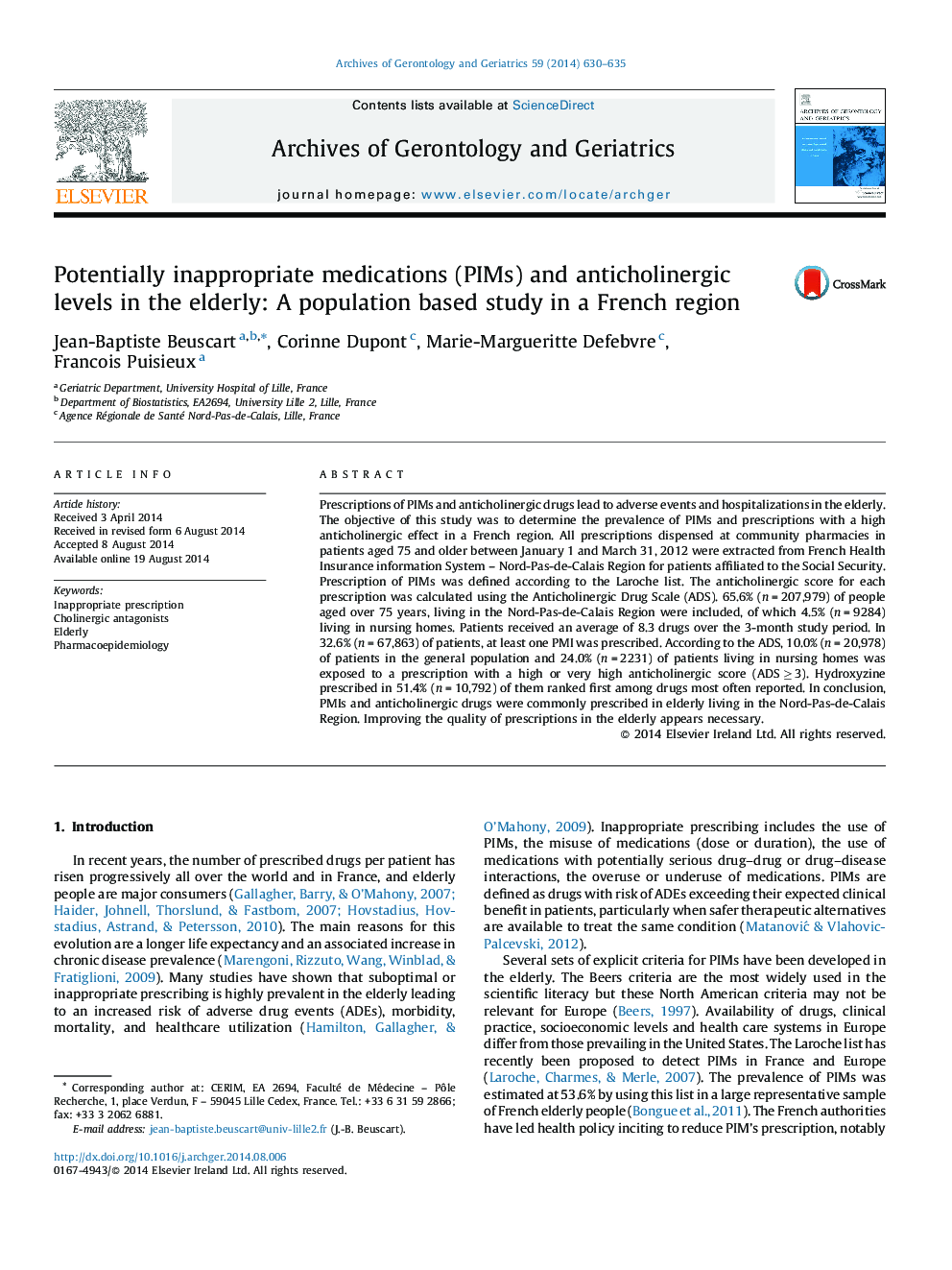 Potentially inappropriate medications (PIMs) and anticholinergic levels in the elderly: A population based study in a French region