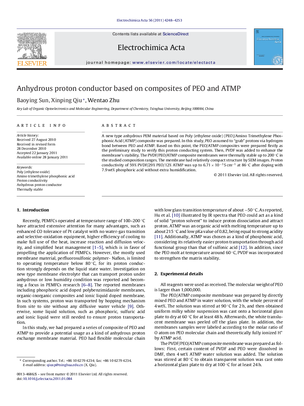 Anhydrous proton conductor based on composites of PEO and ATMP