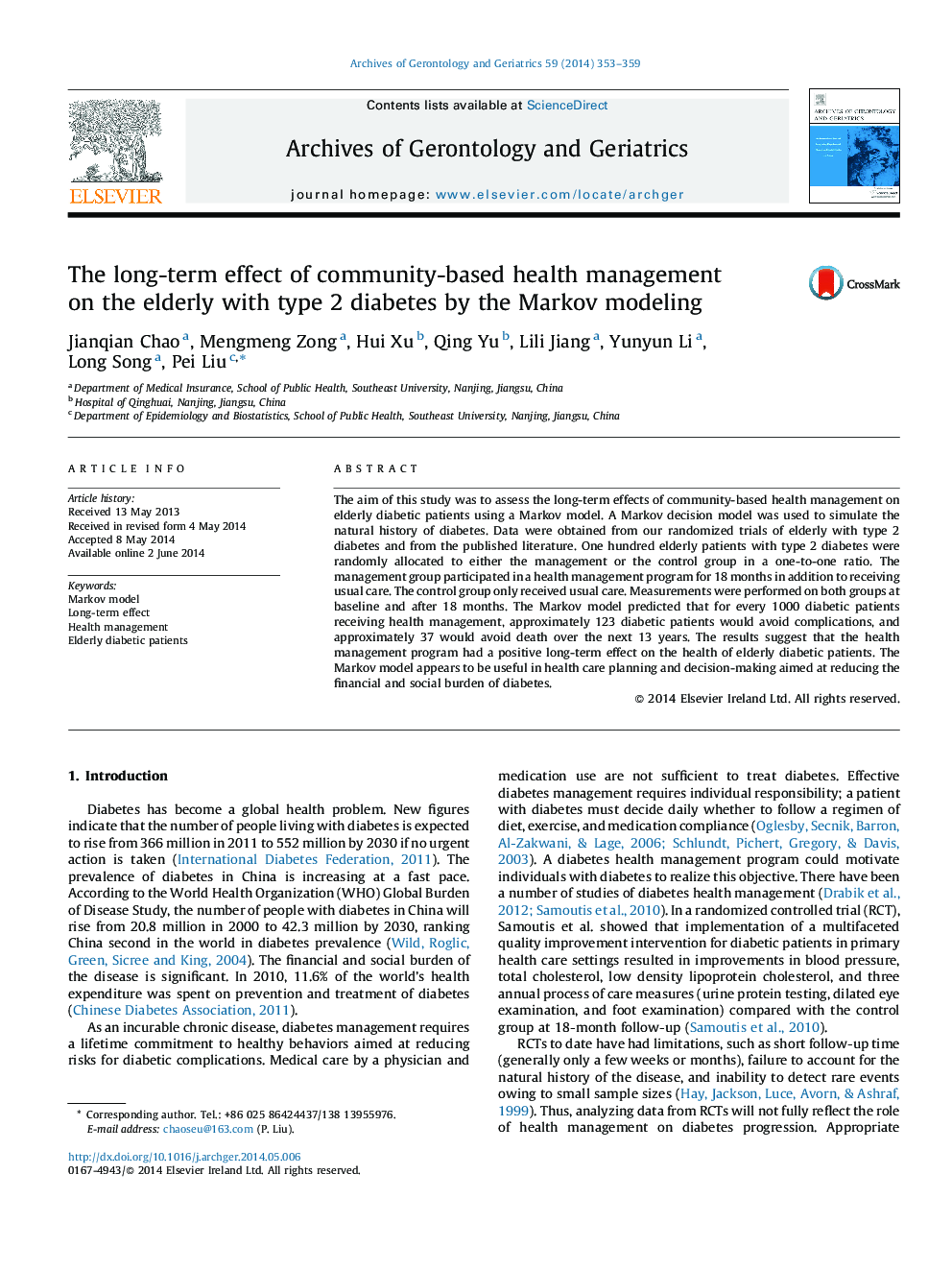 The long-term effect of community-based health management on the elderly with type 2 diabetes by the Markov modeling