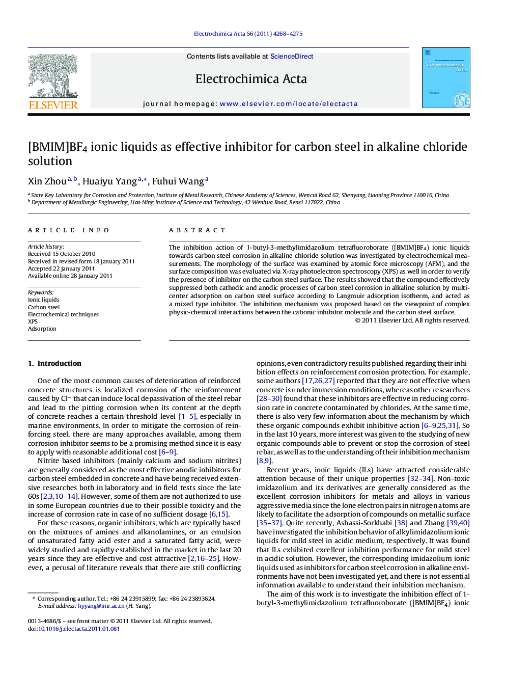 [BMIM]BF4 ionic liquids as effective inhibitor for carbon steel in alkaline chloride solution