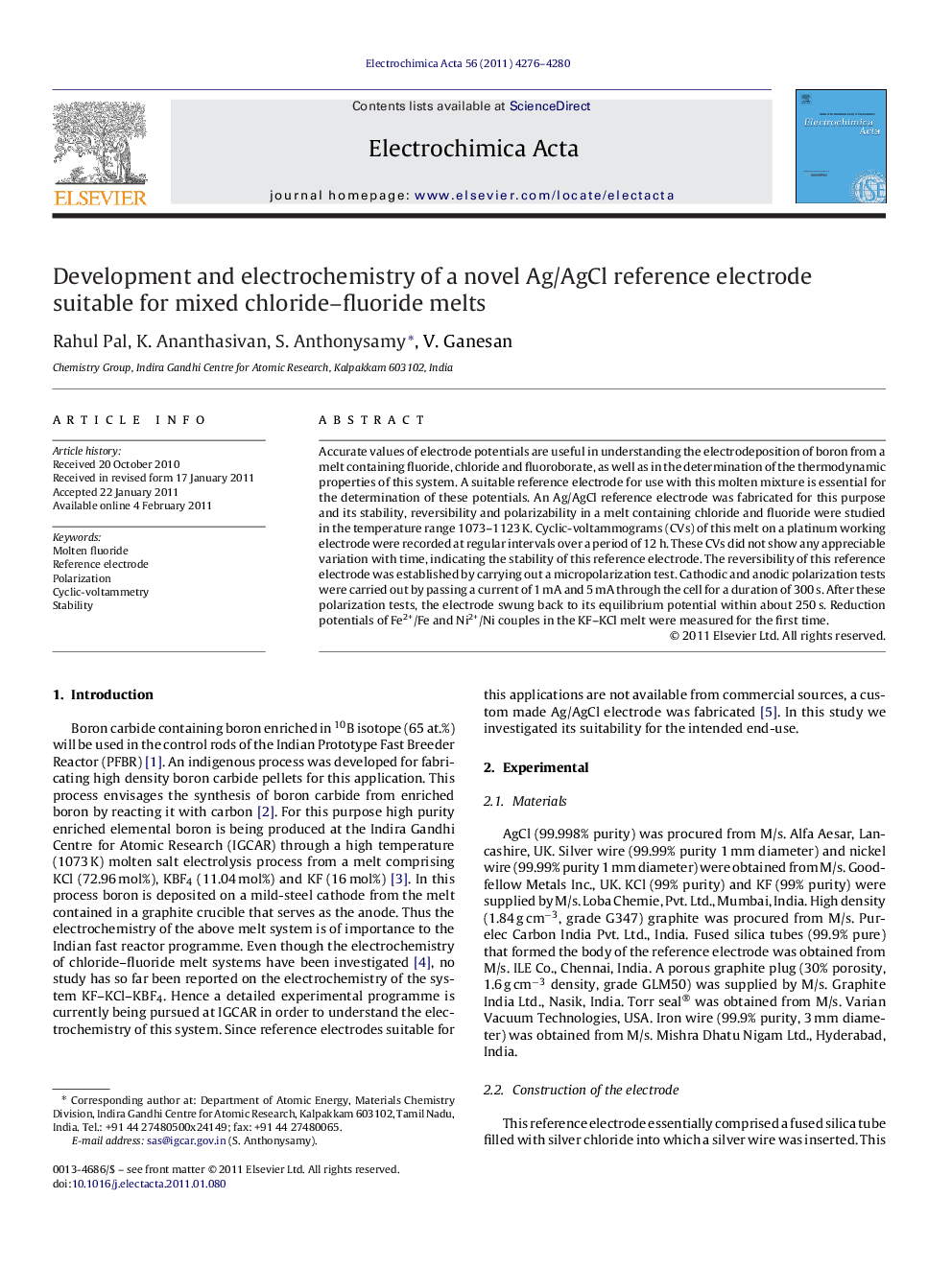 Development and electrochemistry of a novel Ag/AgCl reference electrode suitable for mixed chloride–fluoride melts