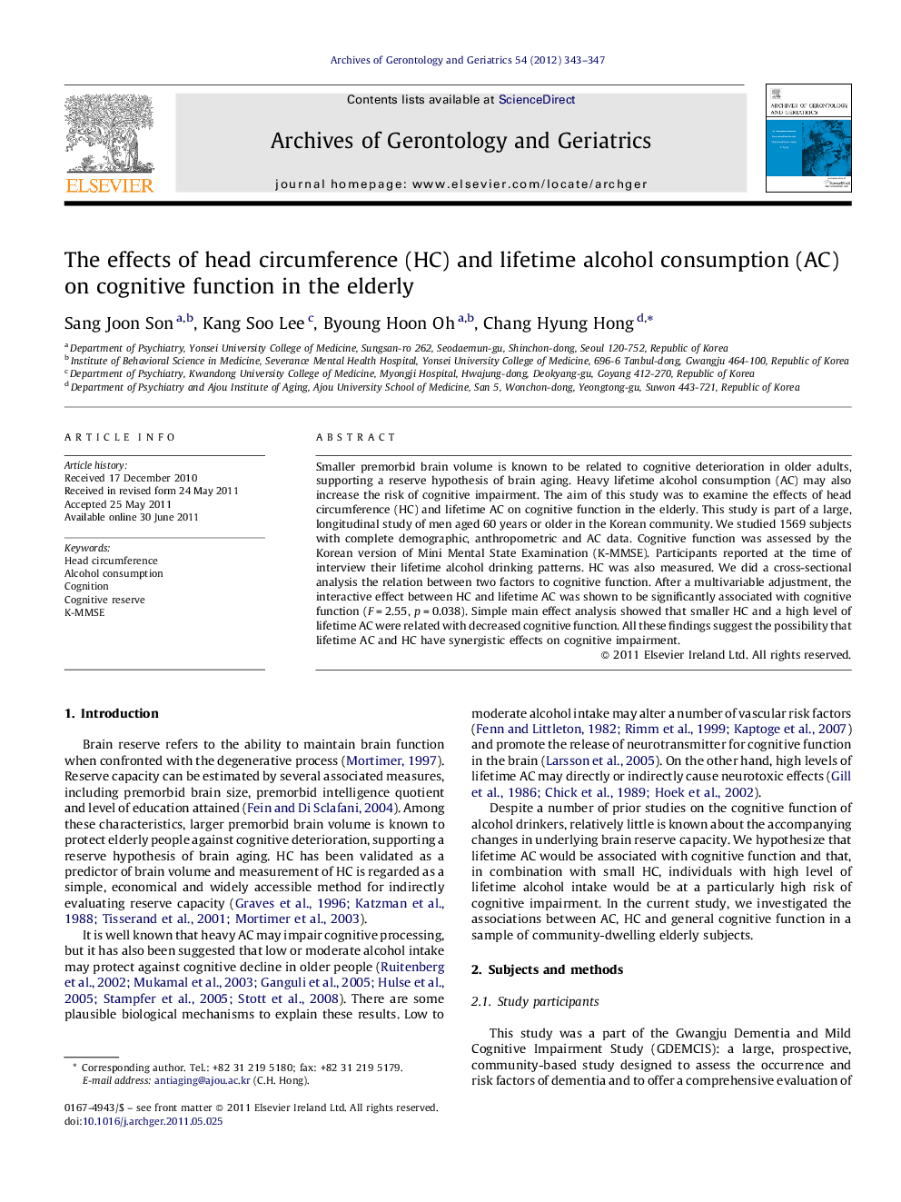 The effects of head circumference (HC) and lifetime alcohol consumption (AC) on cognitive function in the elderly