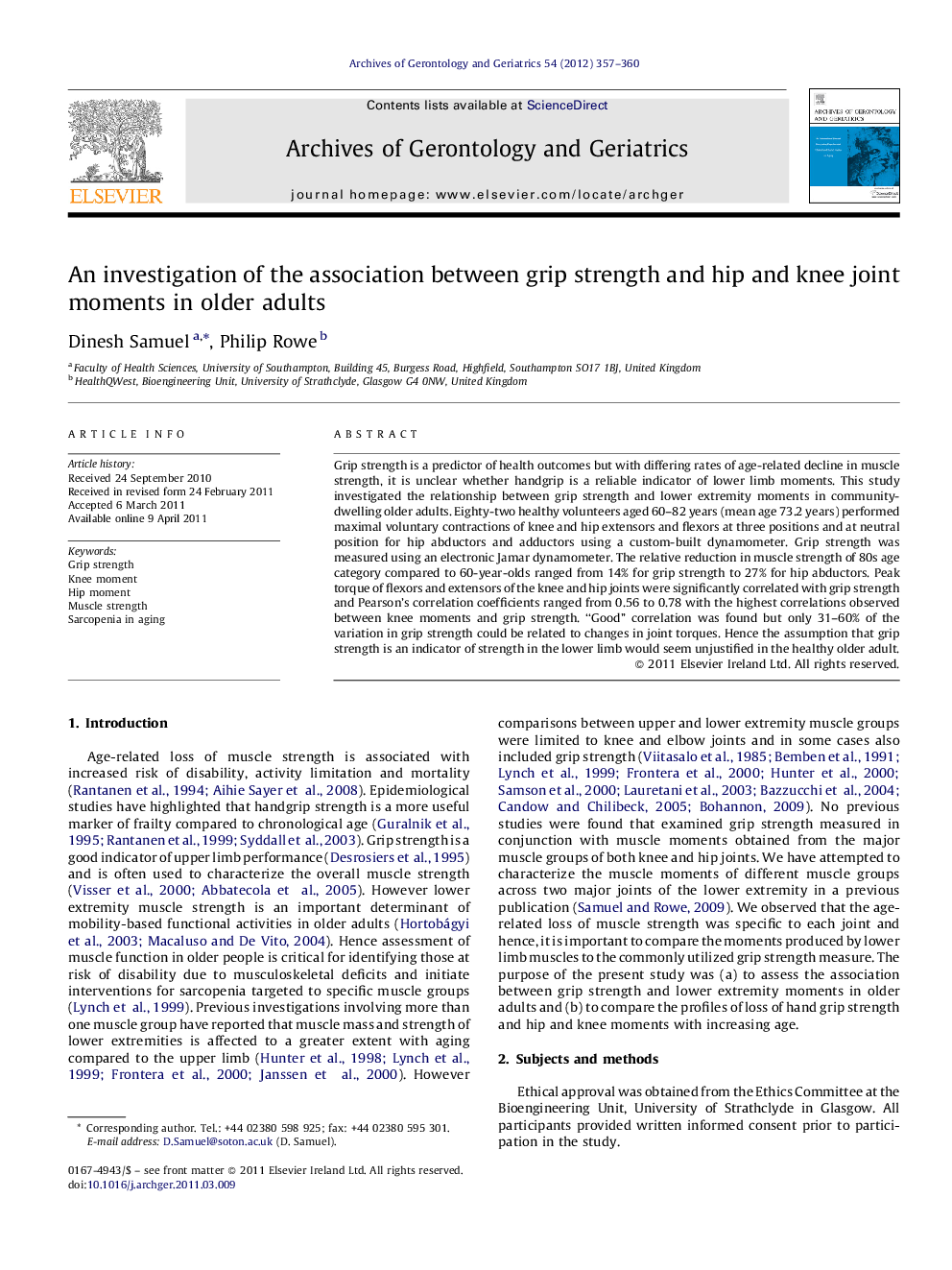 An investigation of the association between grip strength and hip and knee joint moments in older adults