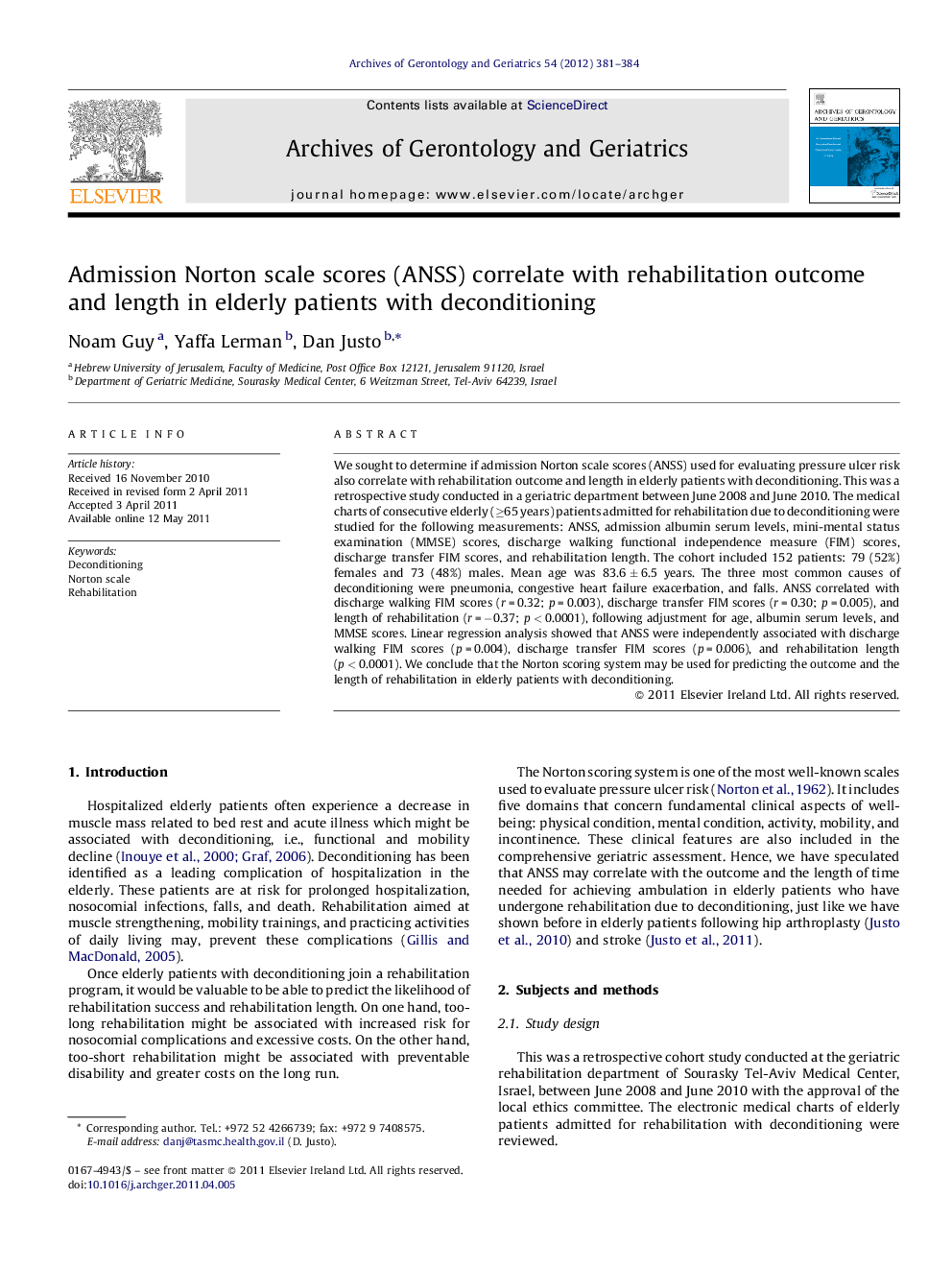 Admission Norton scale scores (ANSS) correlate with rehabilitation outcome and length in elderly patients with deconditioning