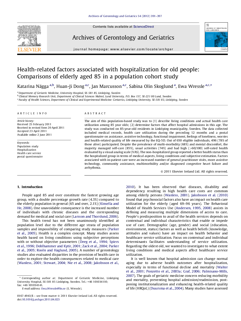 Health-related factors associated with hospitalization for old people: Comparisons of elderly aged 85 in a population cohort study