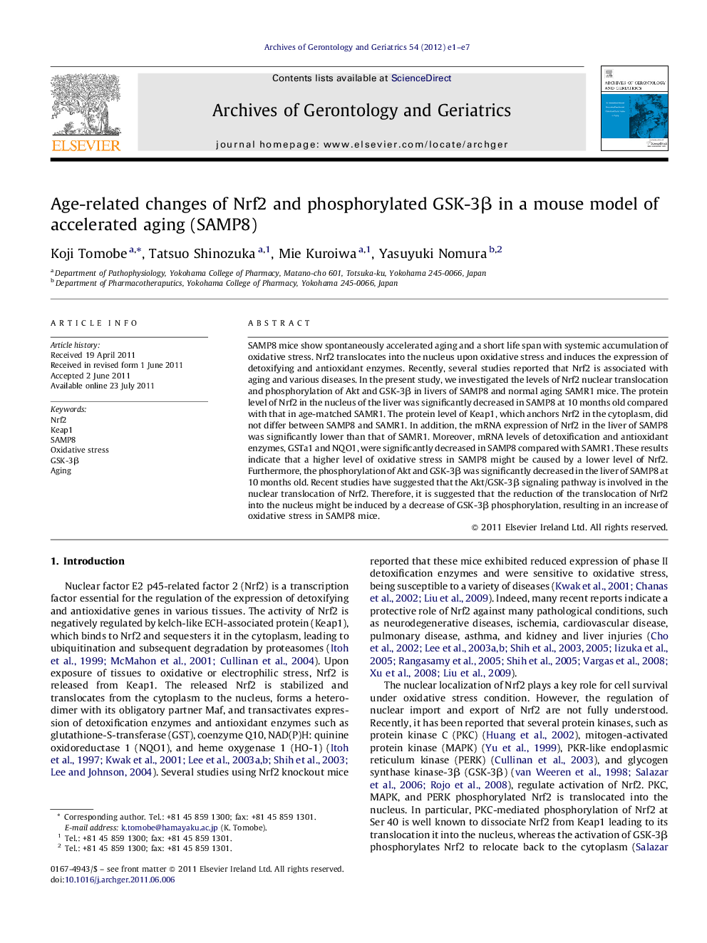 Age-related changes of Nrf2 and phosphorylated GSK-3β in a mouse model of accelerated aging (SAMP8)