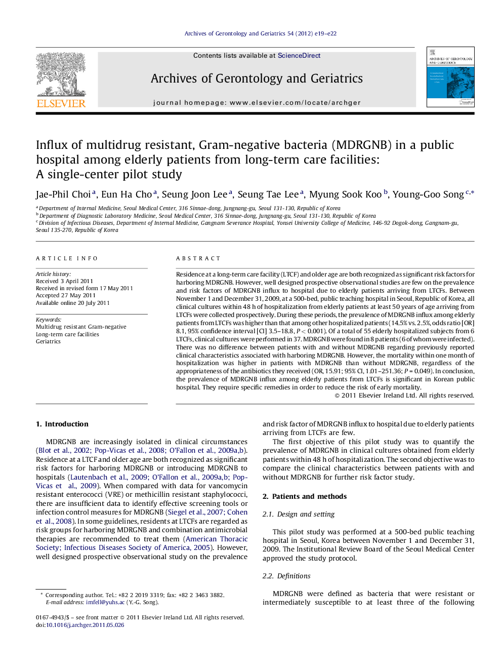 Influx of multidrug resistant, Gram-negative bacteria (MDRGNB) in a public hospital among elderly patients from long-term care facilities: A single-center pilot study