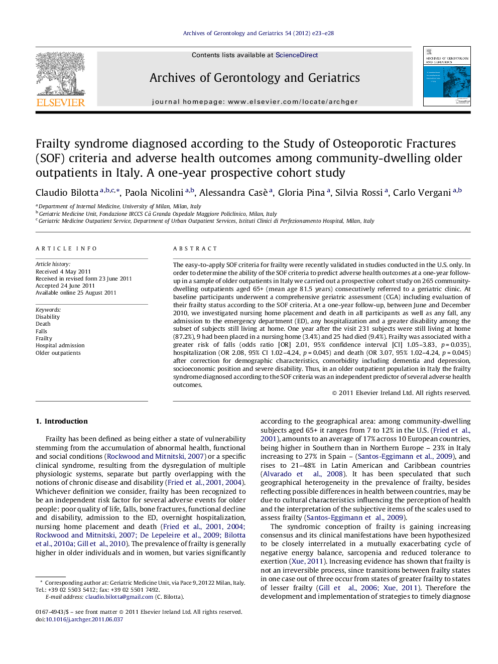 Frailty syndrome diagnosed according to the Study of Osteoporotic Fractures (SOF) criteria and adverse health outcomes among community-dwelling older outpatients in Italy. A one-year prospective cohort study