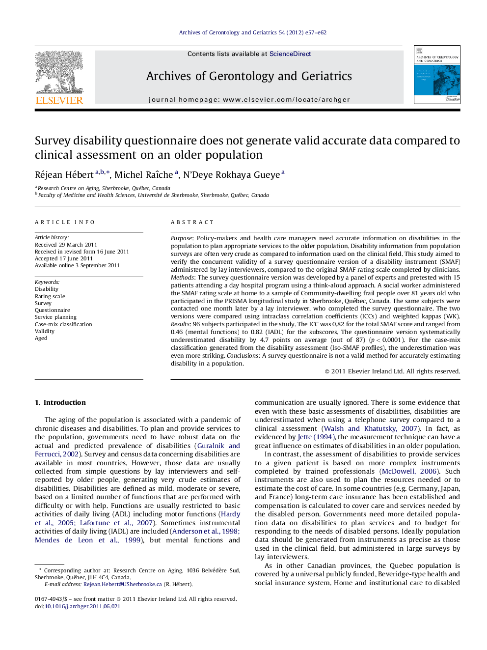 Survey disability questionnaire does not generate valid accurate data compared to clinical assessment on an older population