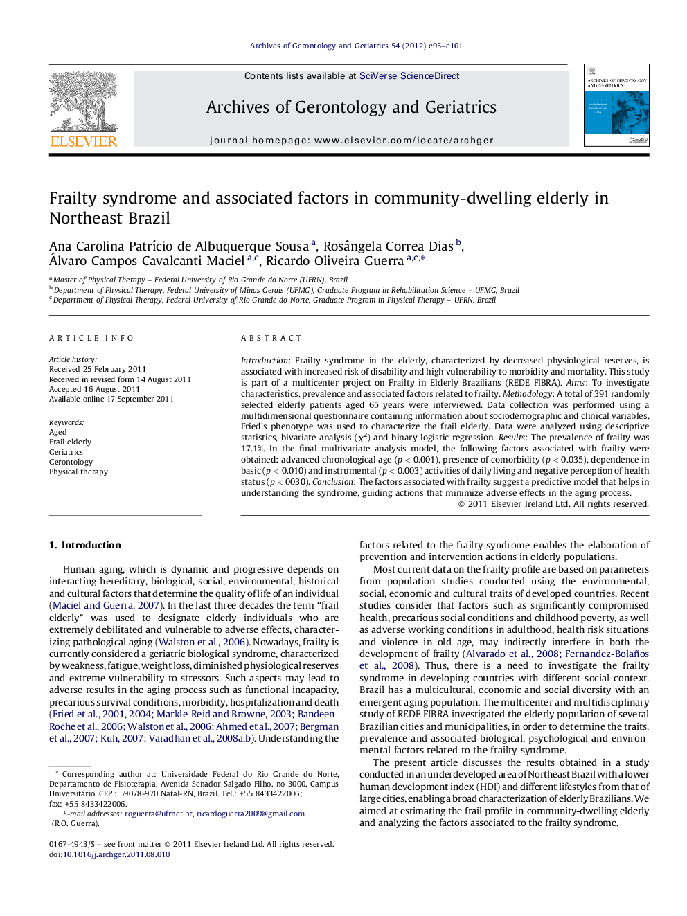 Frailty syndrome and associated factors in community-dwelling elderly in Northeast Brazil