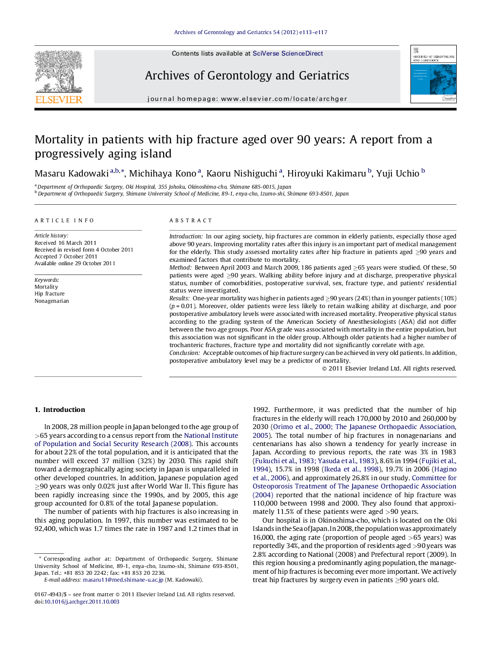 Mortality in patients with hip fracture aged over 90 years: A report from a progressively aging island