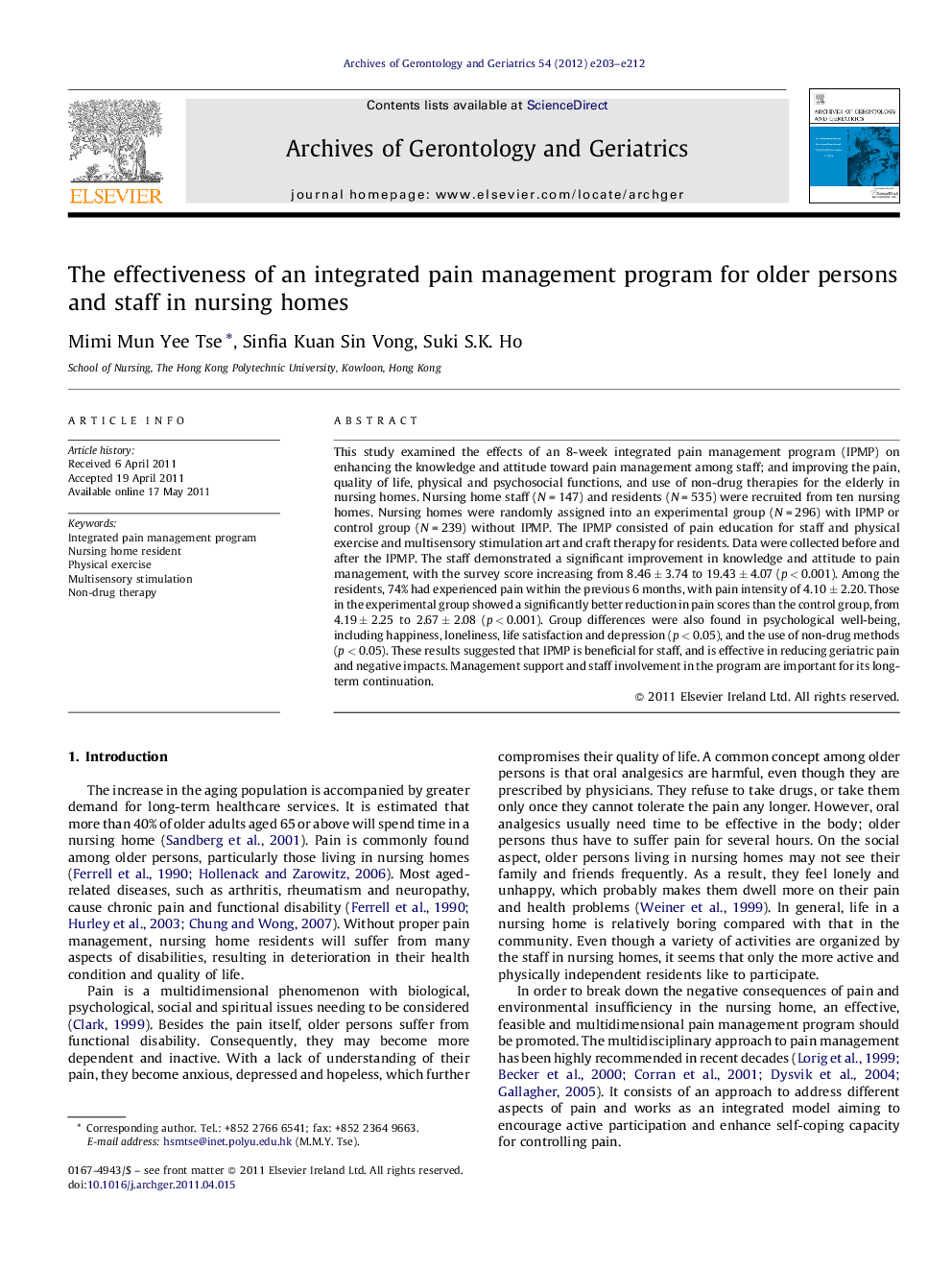 The effectiveness of an integrated pain management program for older persons and staff in nursing homes