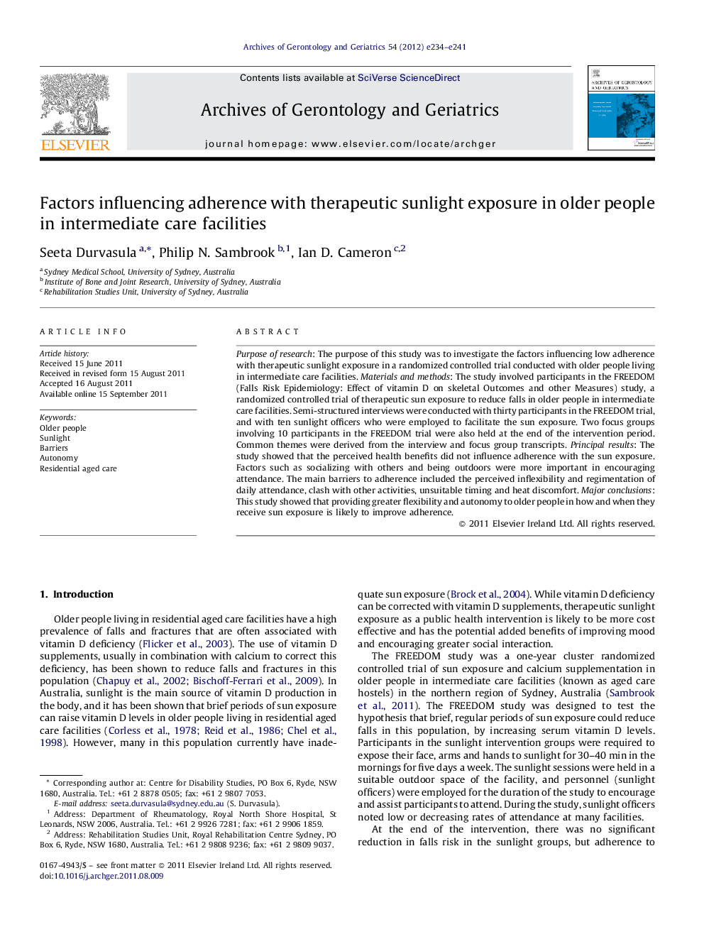 Factors influencing adherence with therapeutic sunlight exposure in older people in intermediate care facilities