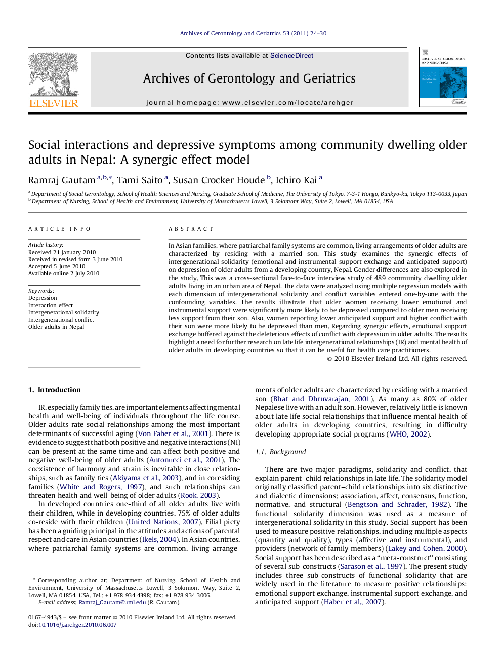 Social interactions and depressive symptoms among community dwelling older adults in Nepal: A synergic effect model