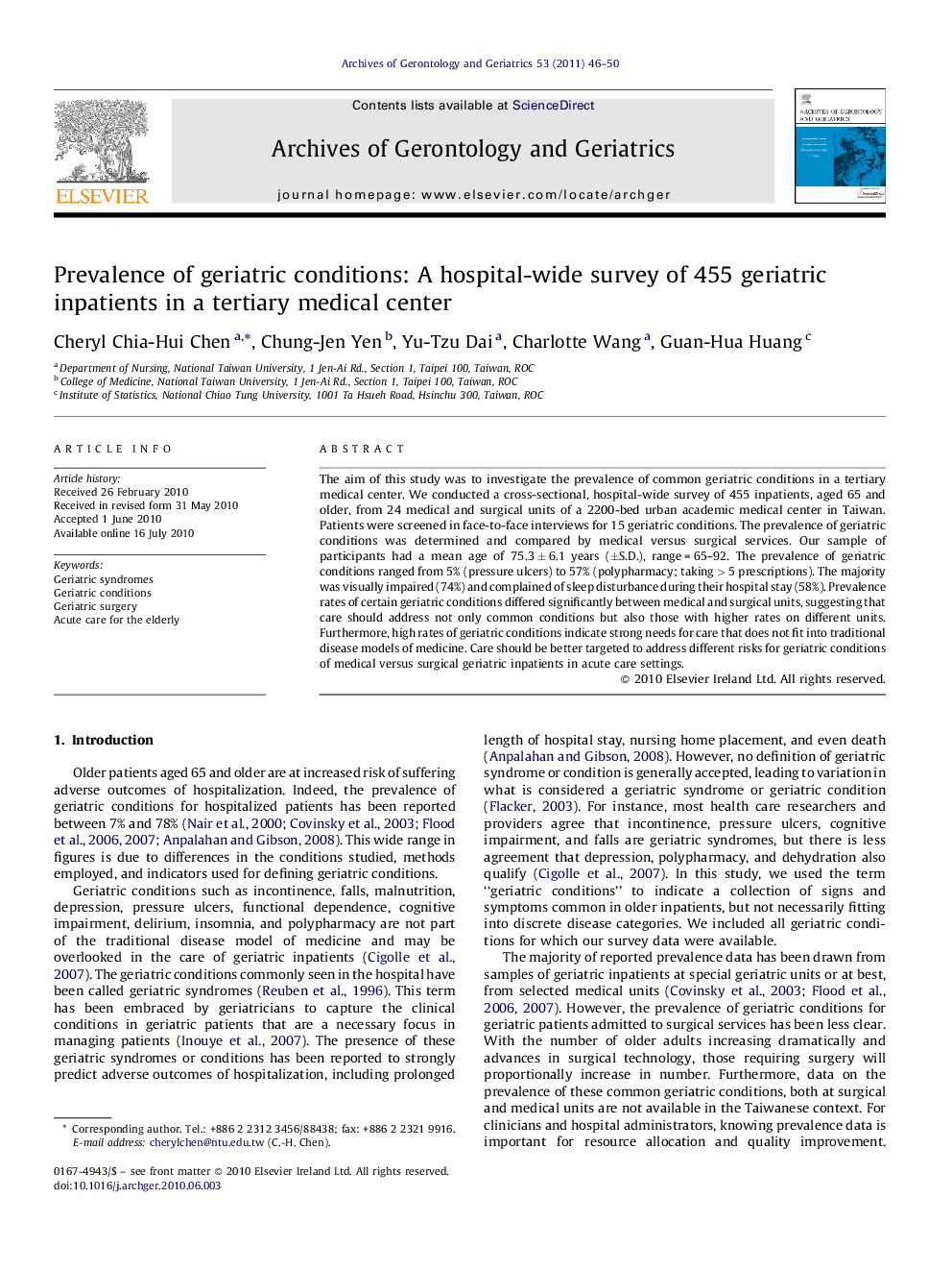 Prevalence of geriatric conditions: A hospital-wide survey of 455 geriatric inpatients in a tertiary medical center