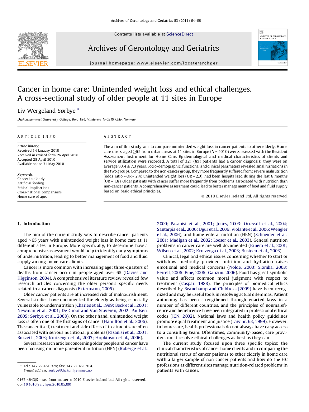 Cancer in home care: Unintended weight loss and ethical challenges. A cross-sectional study of older people at 11 sites in Europe