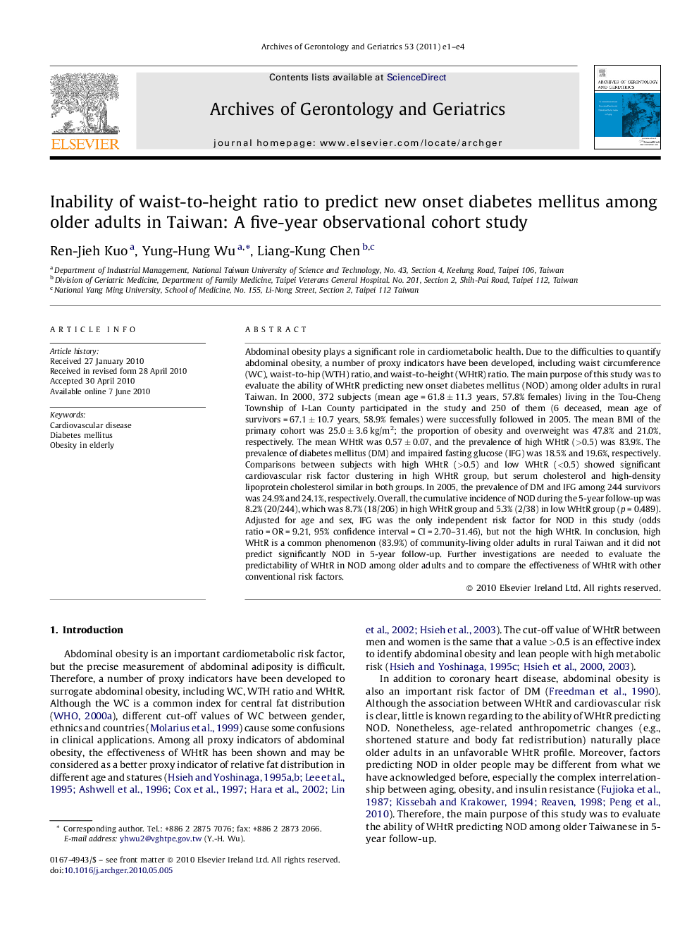 Inability of waist-to-height ratio to predict new onset diabetes mellitus among older adults in Taiwan: A five-year observational cohort study