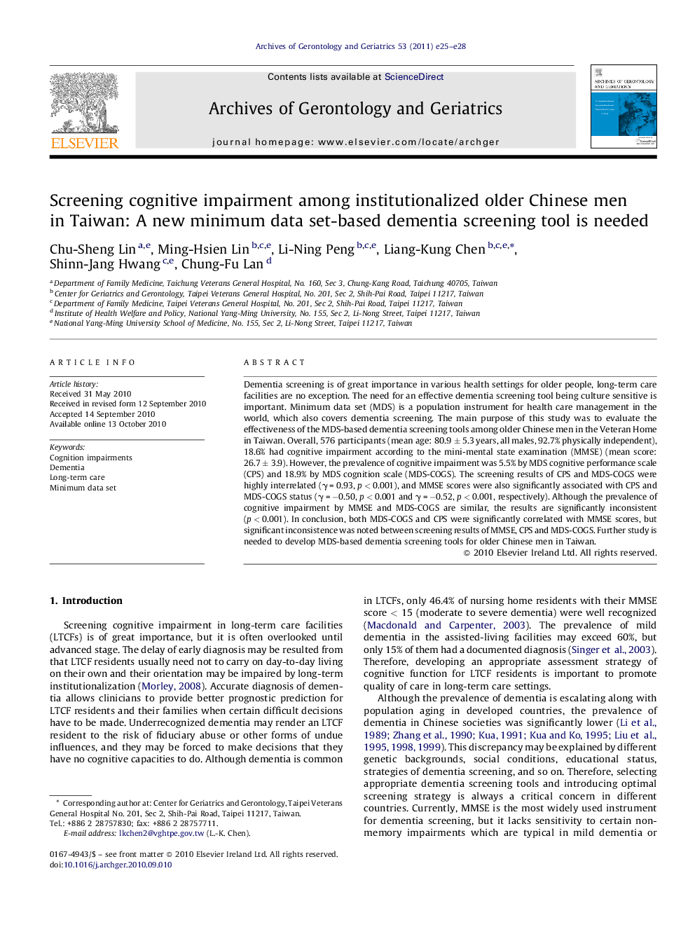 Screening cognitive impairment among institutionalized older Chinese men in Taiwan: A new minimum data set-based dementia screening tool is needed