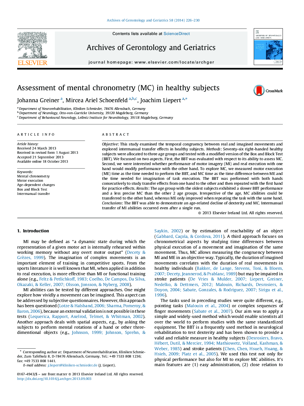 Assessment of mental chronometry (MC) in healthy subjects